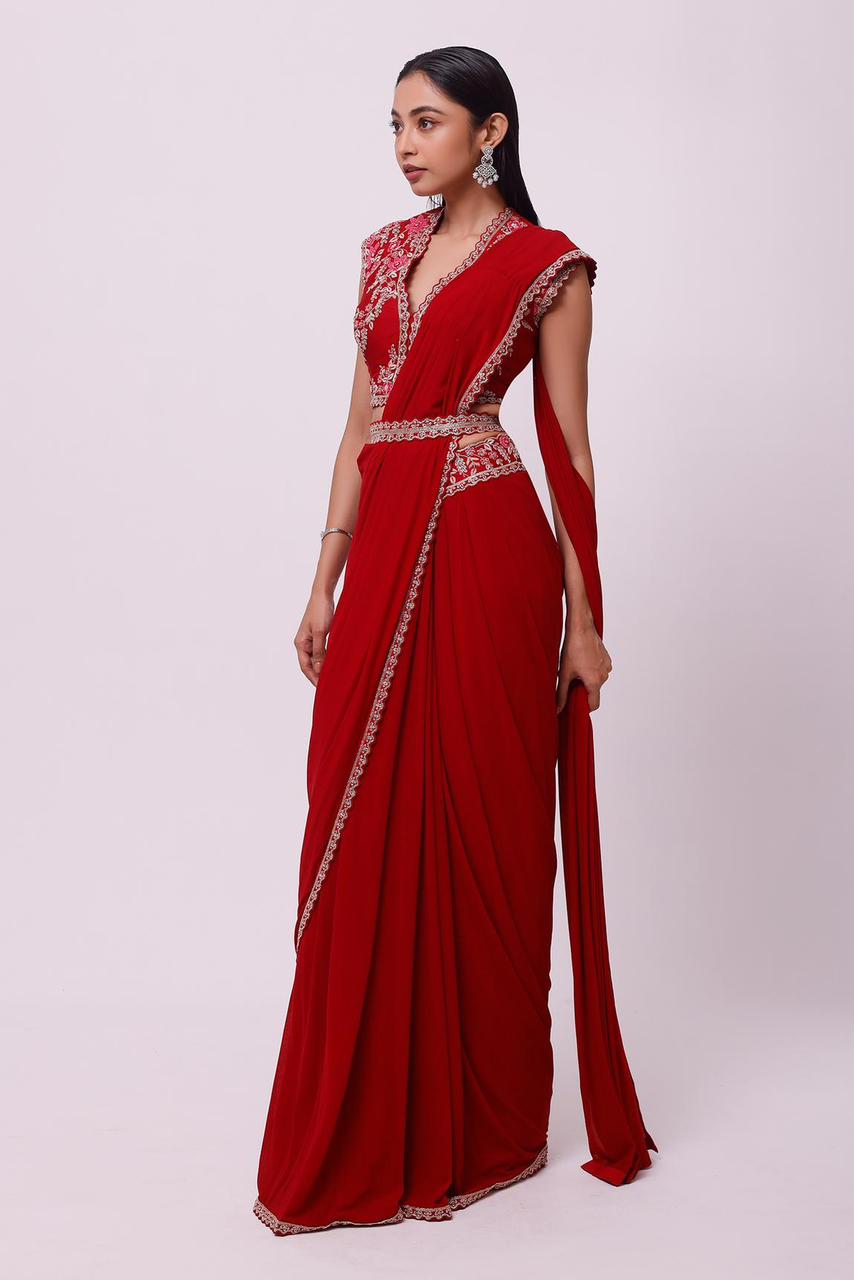Maroon Insta Saree With Embroidered Belt