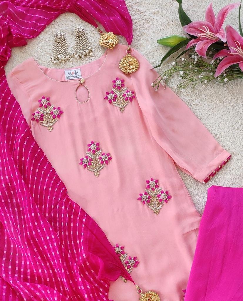 Pink Handwork Kurta and Skirt with Leheriya Dupatta