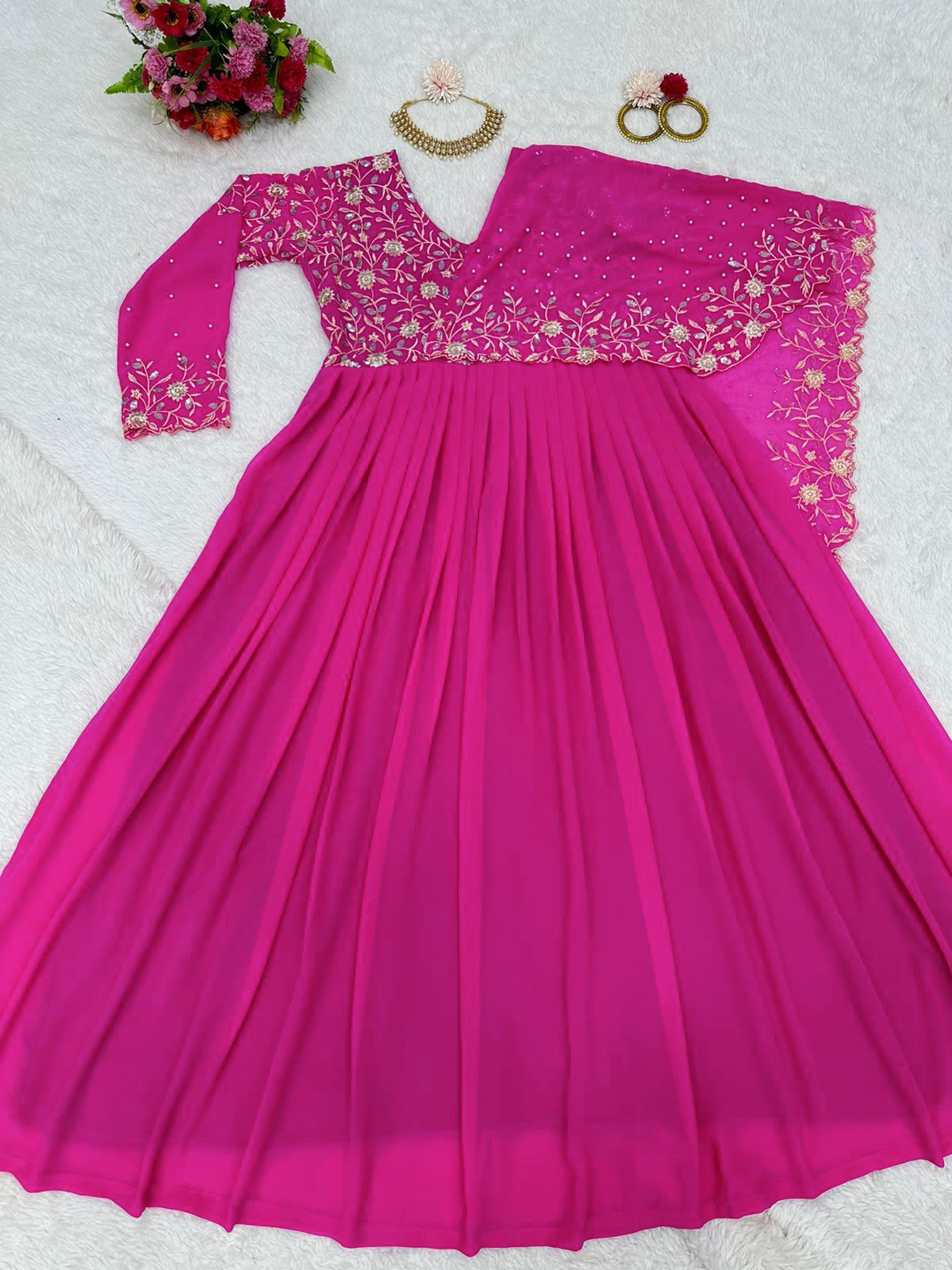 Pink georgette embroidery indian party gown with dupatta - maxi gown , party wear dress - black and multi colour pary gown