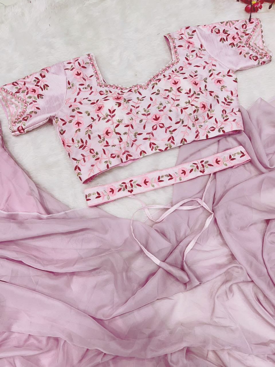 infloura Women's And Girls Soft Lahenga Saree Apple Organza Silk With Full-Stitched Blouse With Embroidery Work Light Pink Color Haldi Speciel