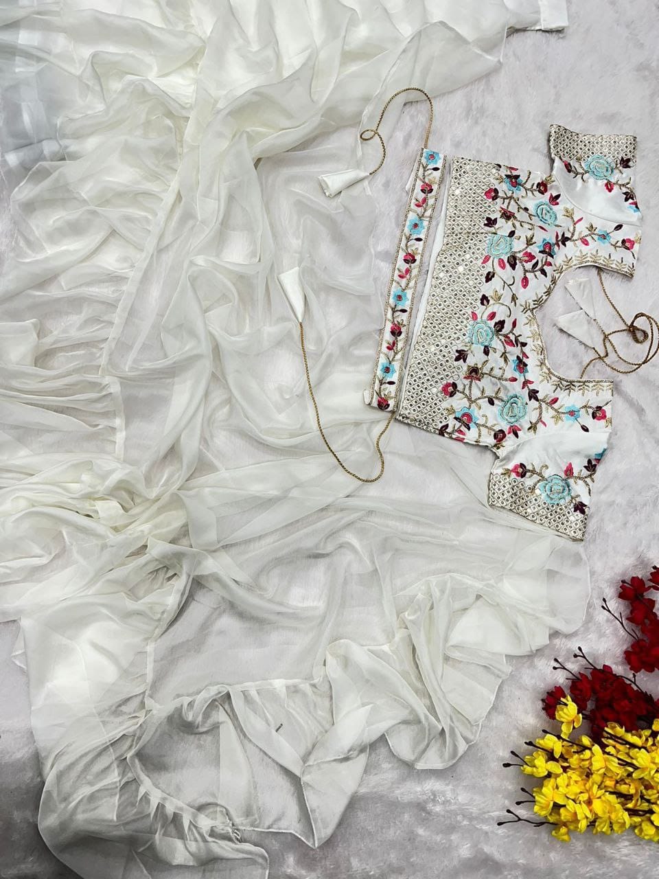 Beautiful Floral Organza saree with silk top for women Frill saree Indian saree Fancy saree