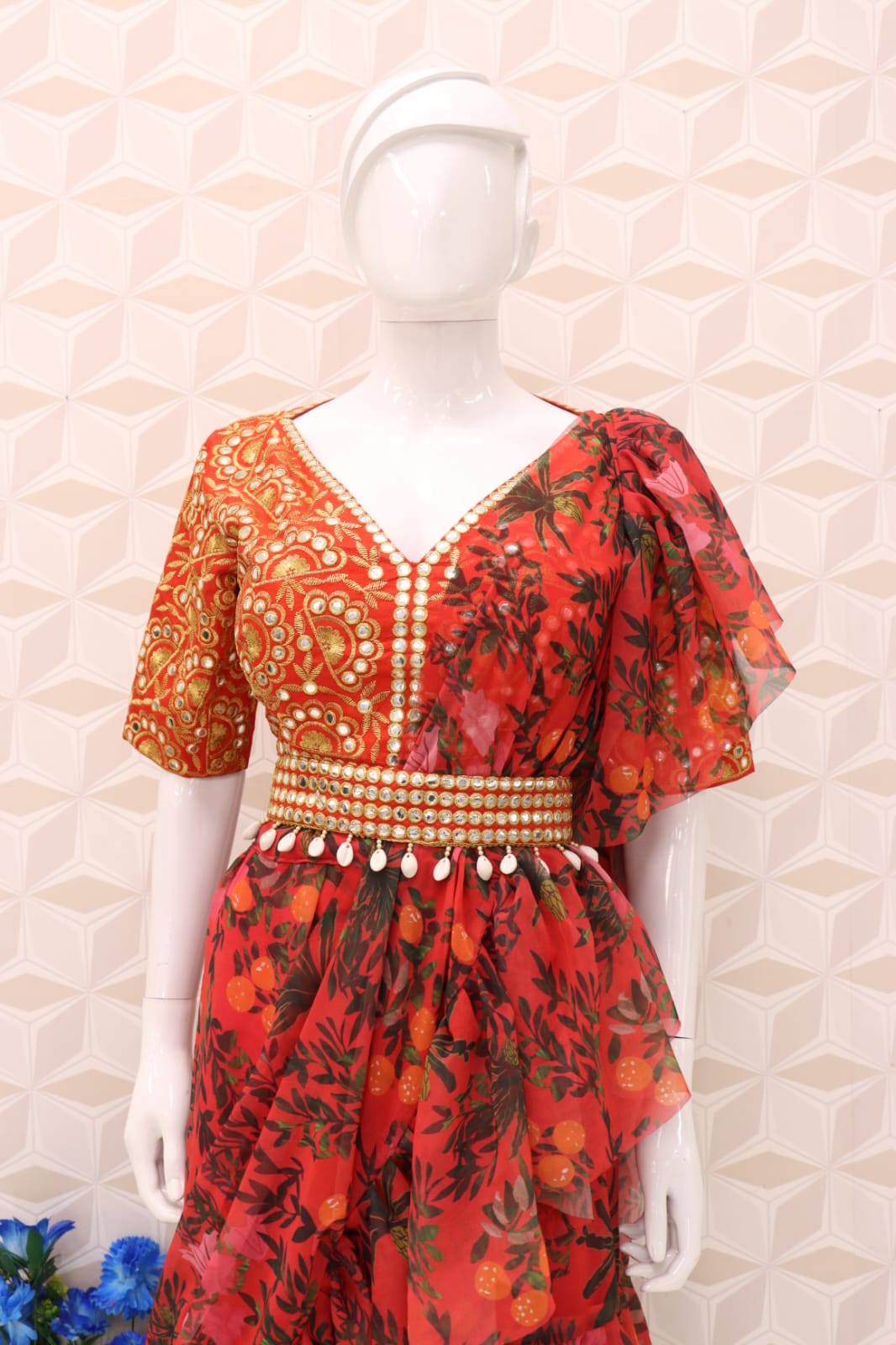 Red Georgette Ruffle Saree