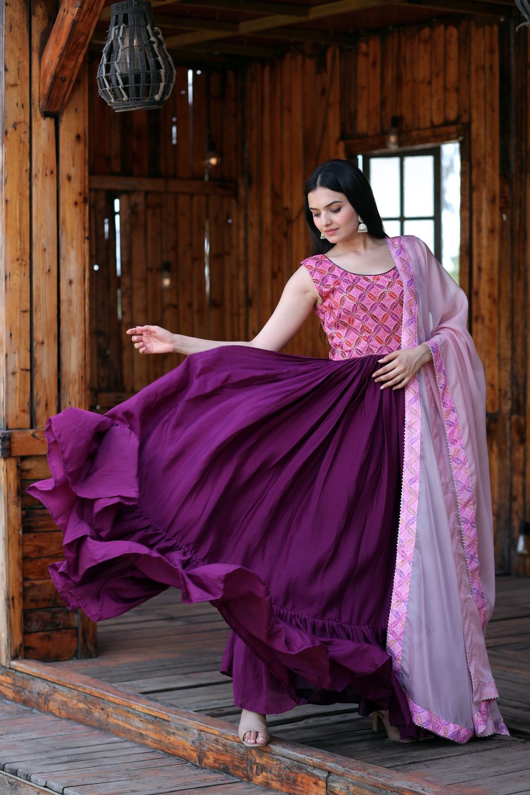 Purple Zardosi Work Netted Gown