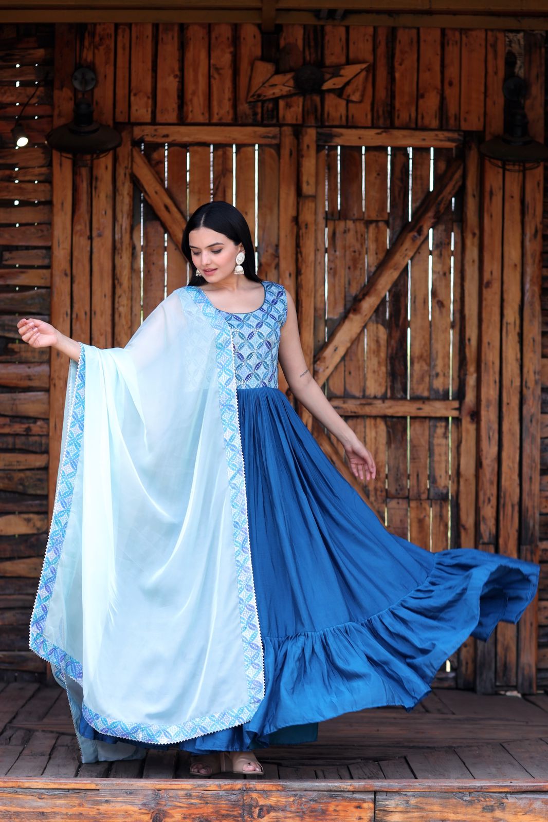 Rama Color Party Wear Long Gown With Dupatta Rama Color Party Wear Long Gown With Dupatta