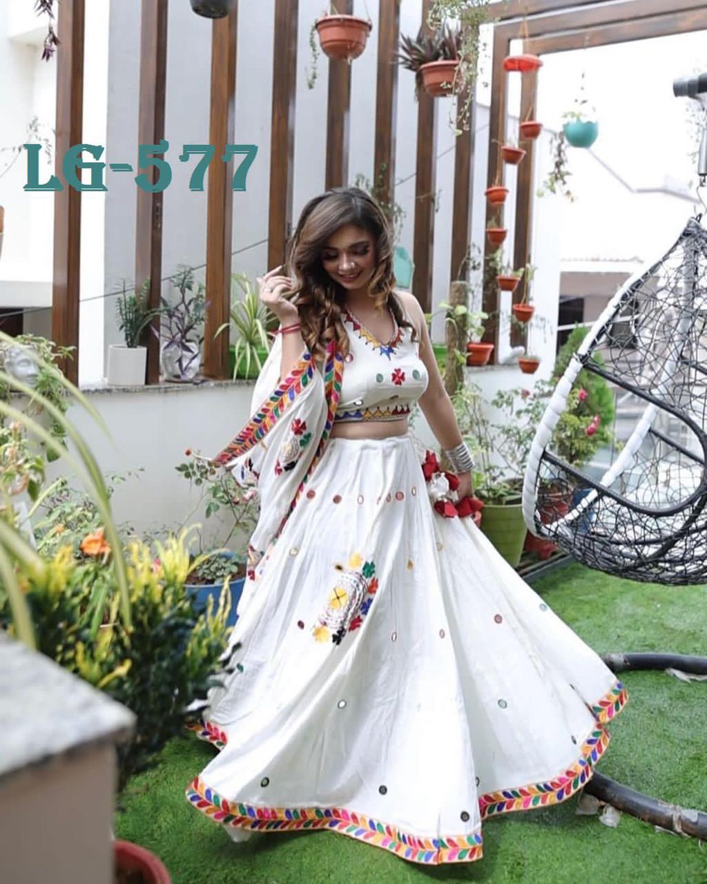 Semi Stitched Indian Ethnic Designer Rayon Mirror Work White Lehenga