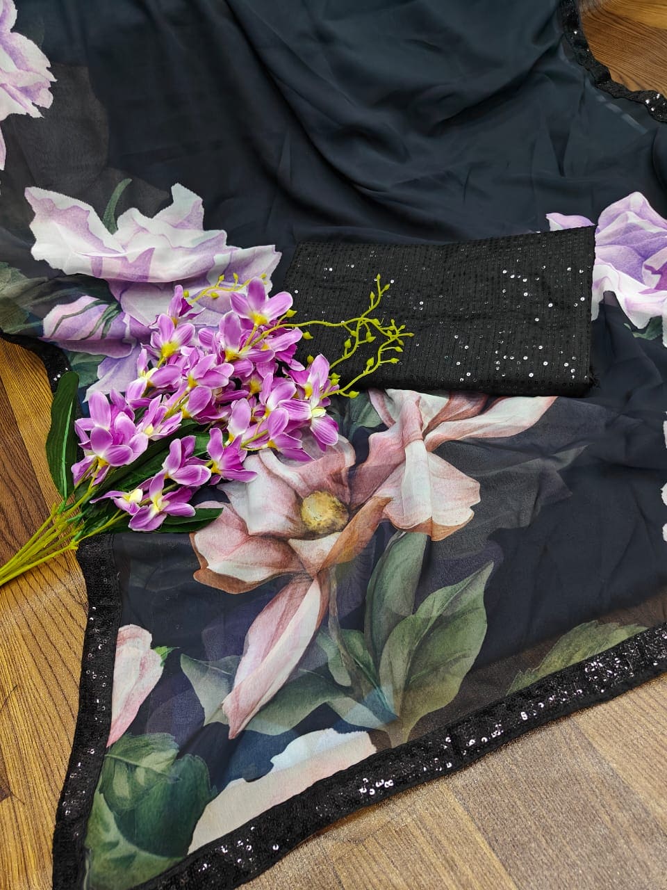 Black Floral Organza Digital Print Saree Zari Border with Unstitched Blouse