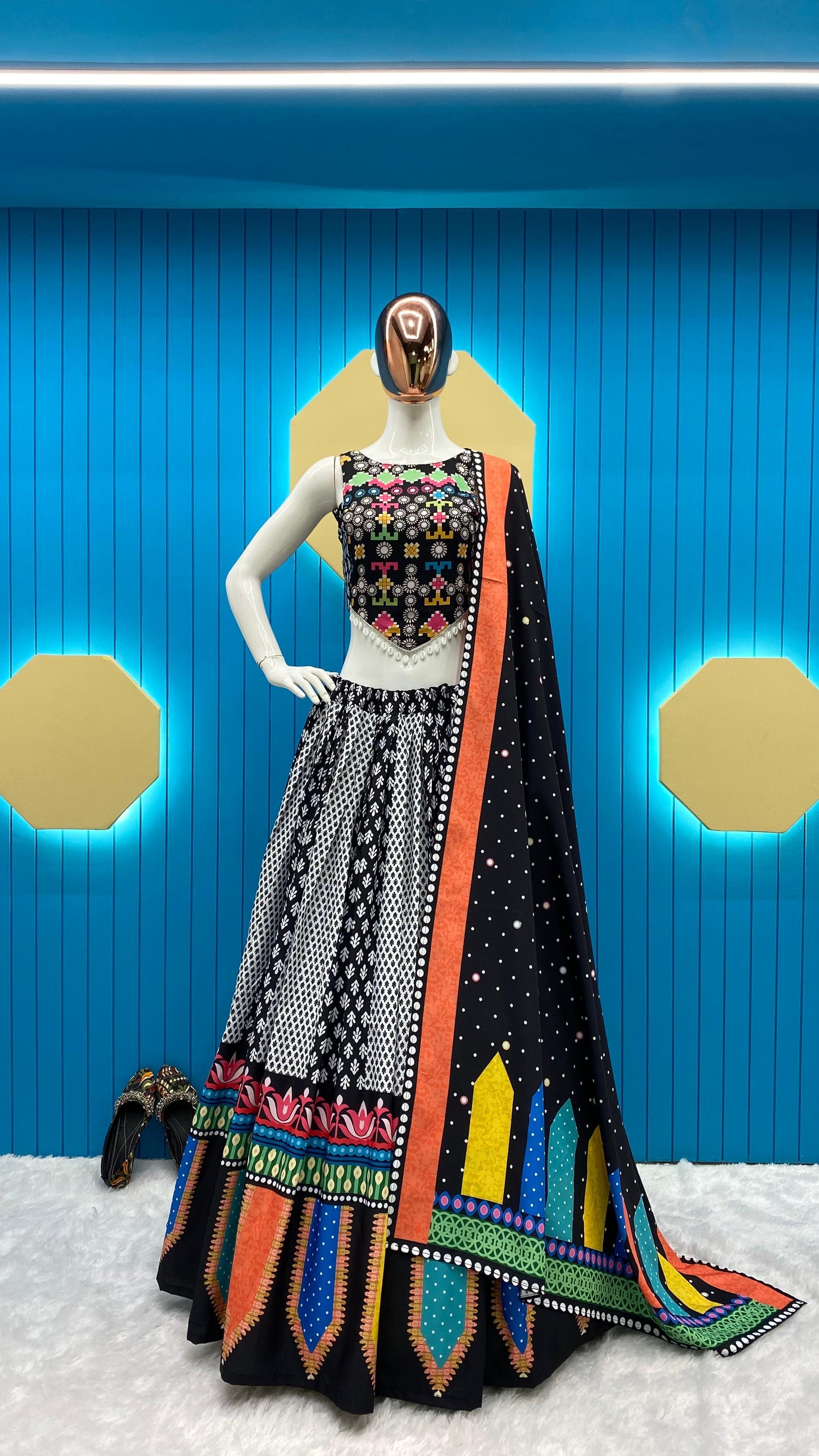 Black Croeape With Printed work Lehenga choli