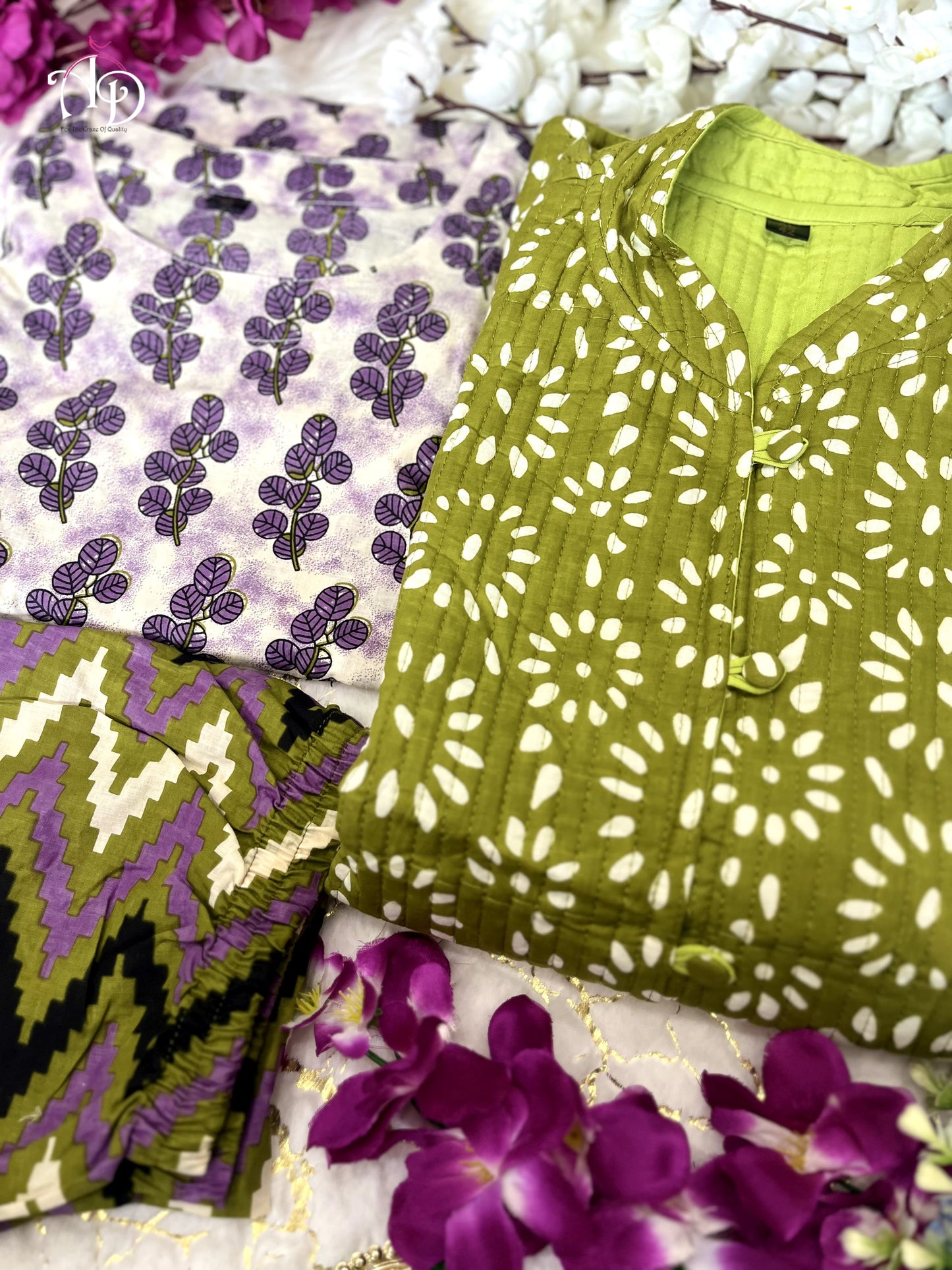 Green Cotton Kurti Pant Set With Quilted Cotton Jacket