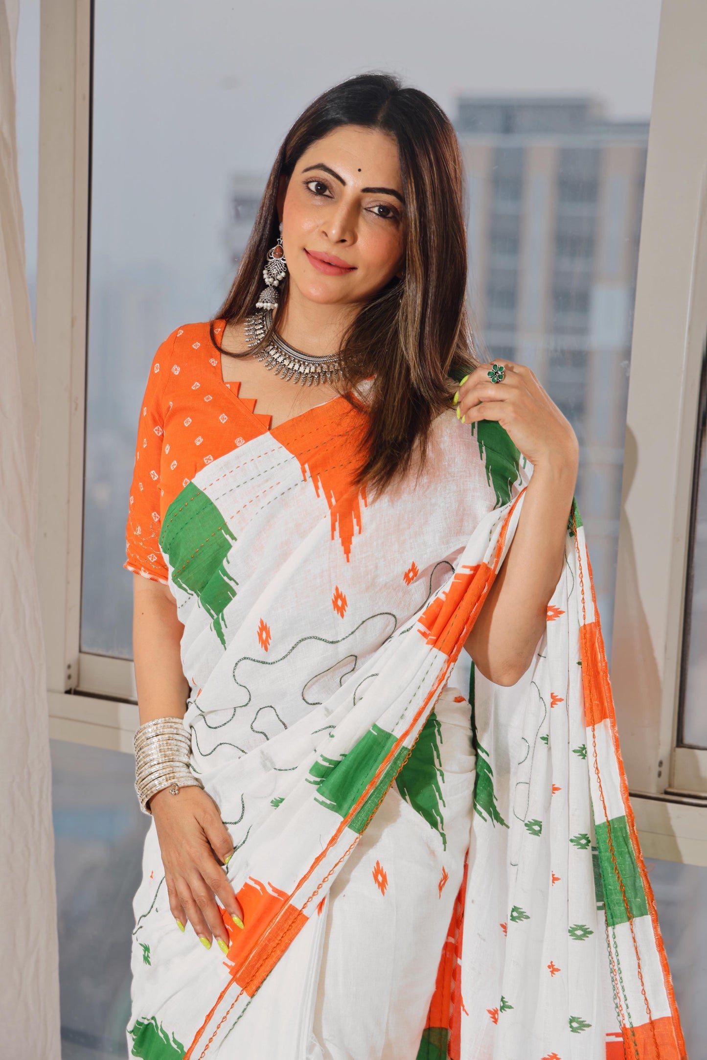 Mulmul Cotton Saree Colour Block Print