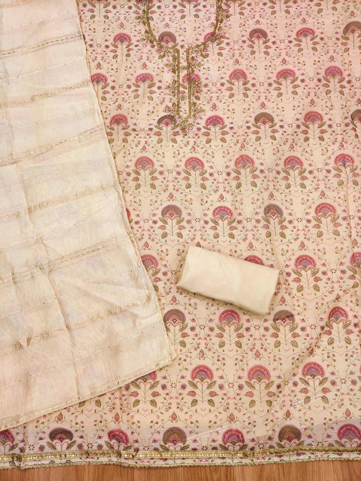 Women's Heavy Modal print handWork Unstitched Salwar Suit Dress Material With Chanderi Work Dupatta