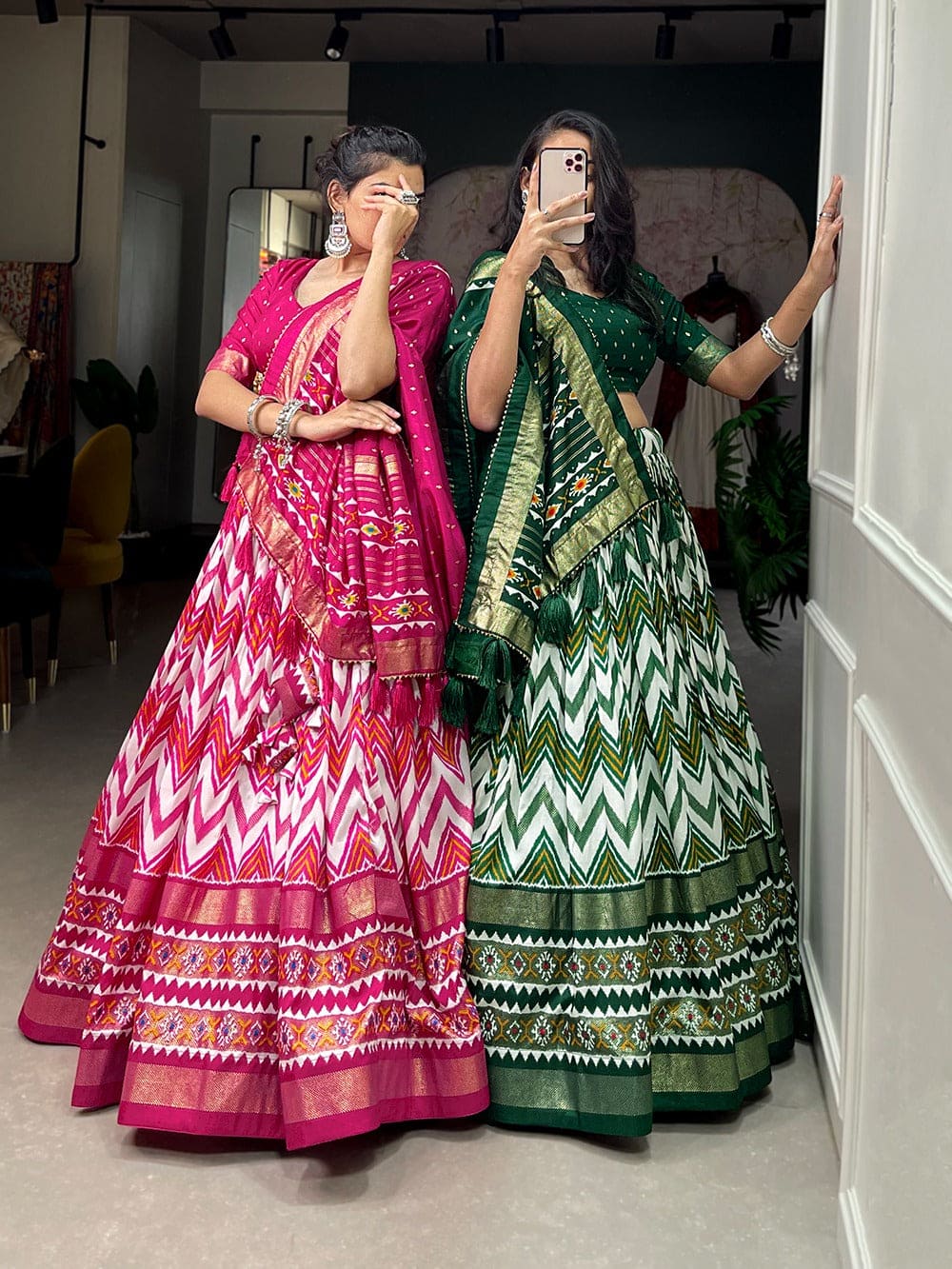 Leheriya With Foil Work Tussar Silk Lehenga Choli