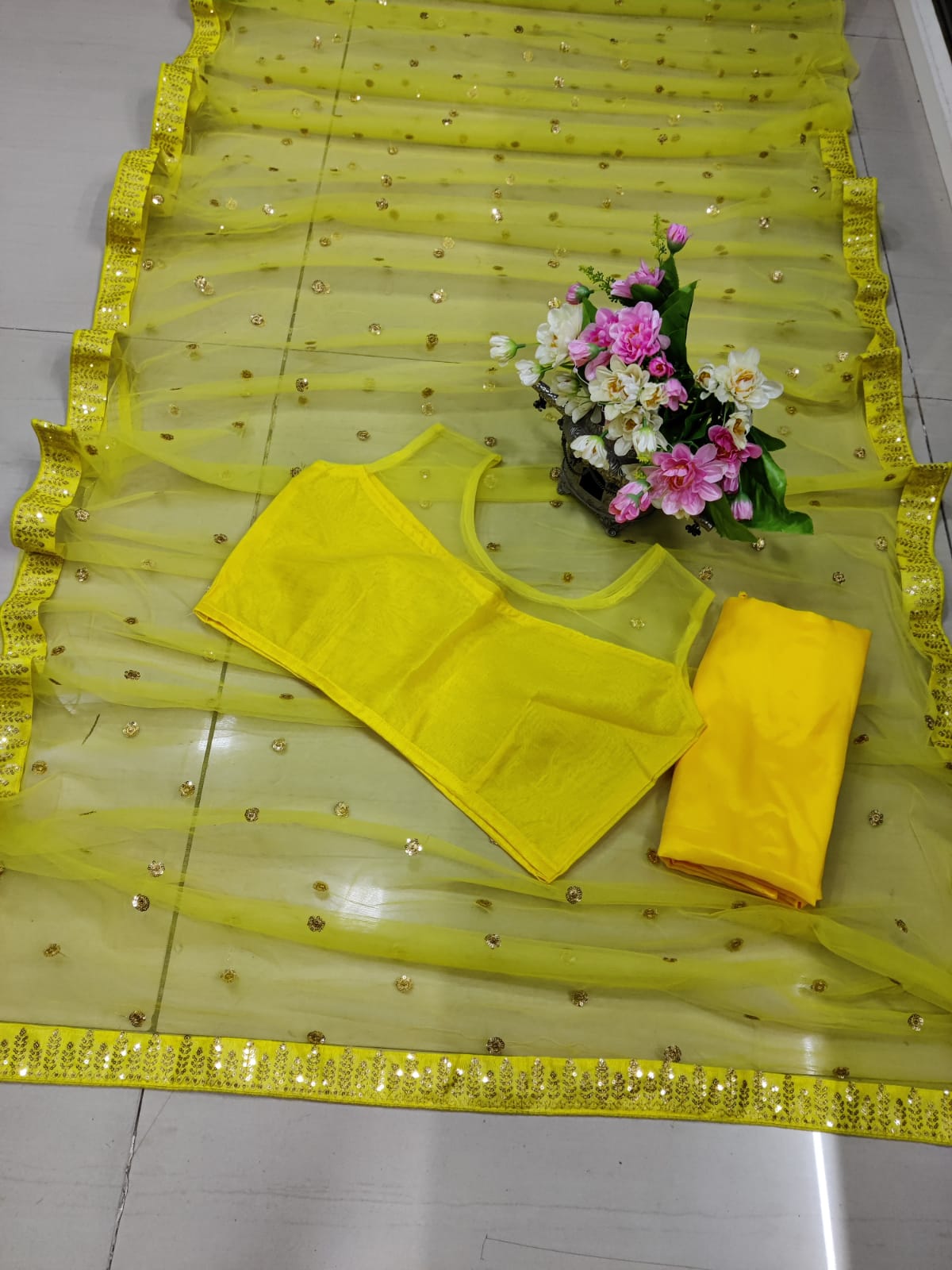 Designer Butterfly Net Yellow Saree for Haldi Function
