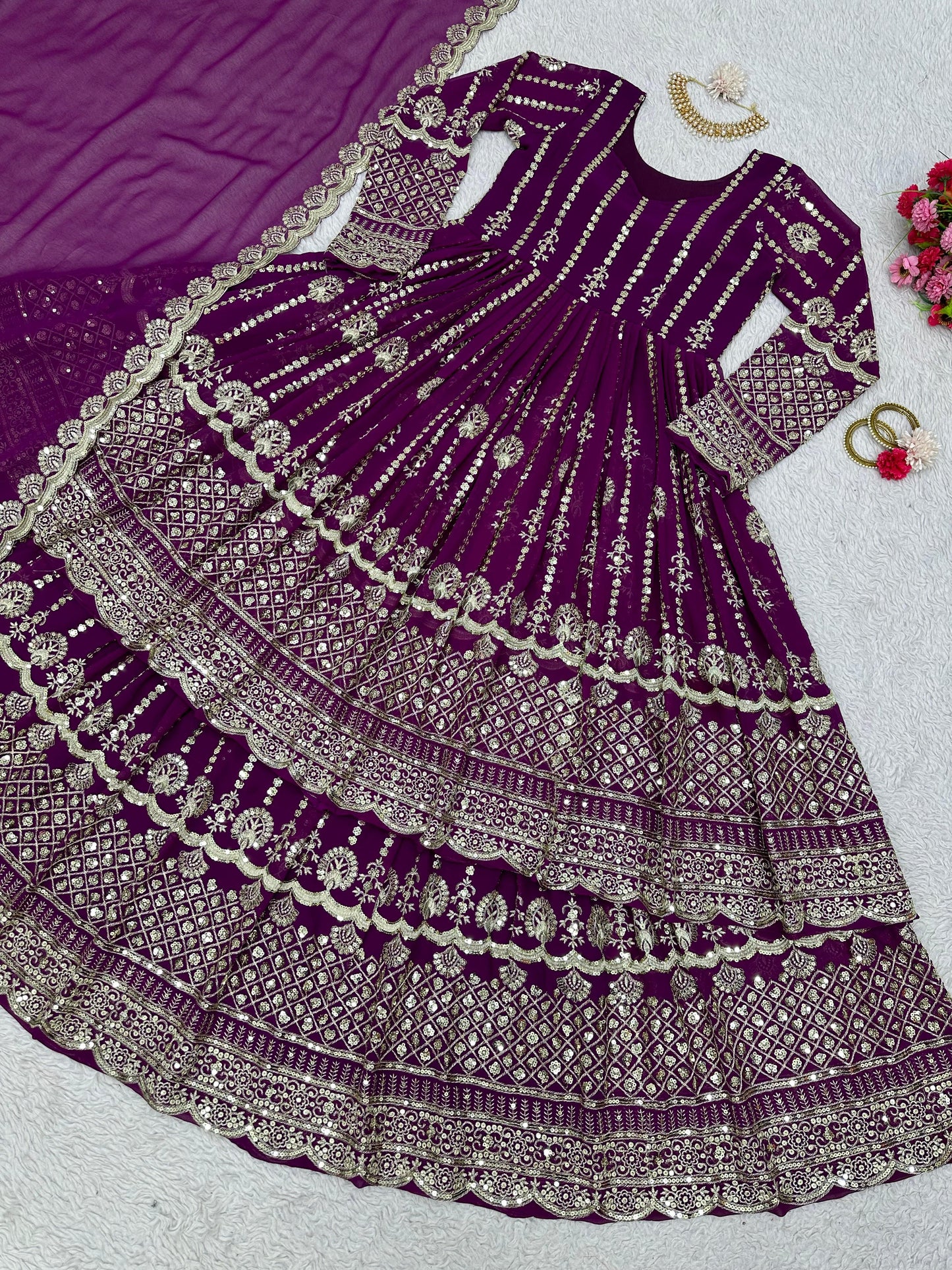 Elegant Foux Gorgette Top with Lehenga and Dupatta Set