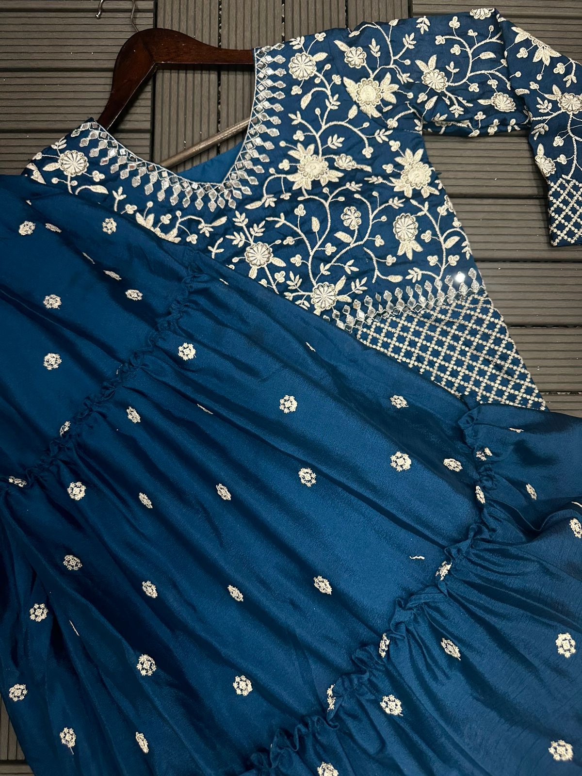 Exquisite Ensemble: Heavy Chinon Jacket, Lehenga, and Dupatta Set