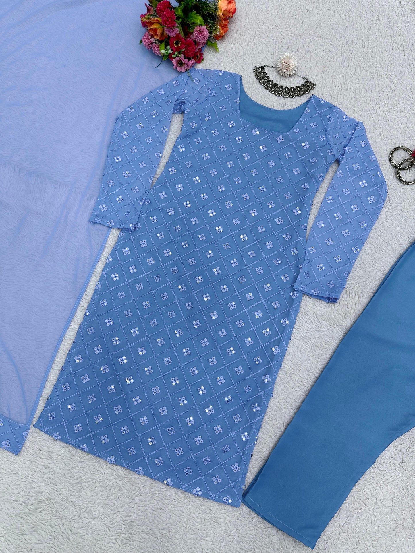 Radiant Elegance: Designer Suit on Faux Georgette Fabric