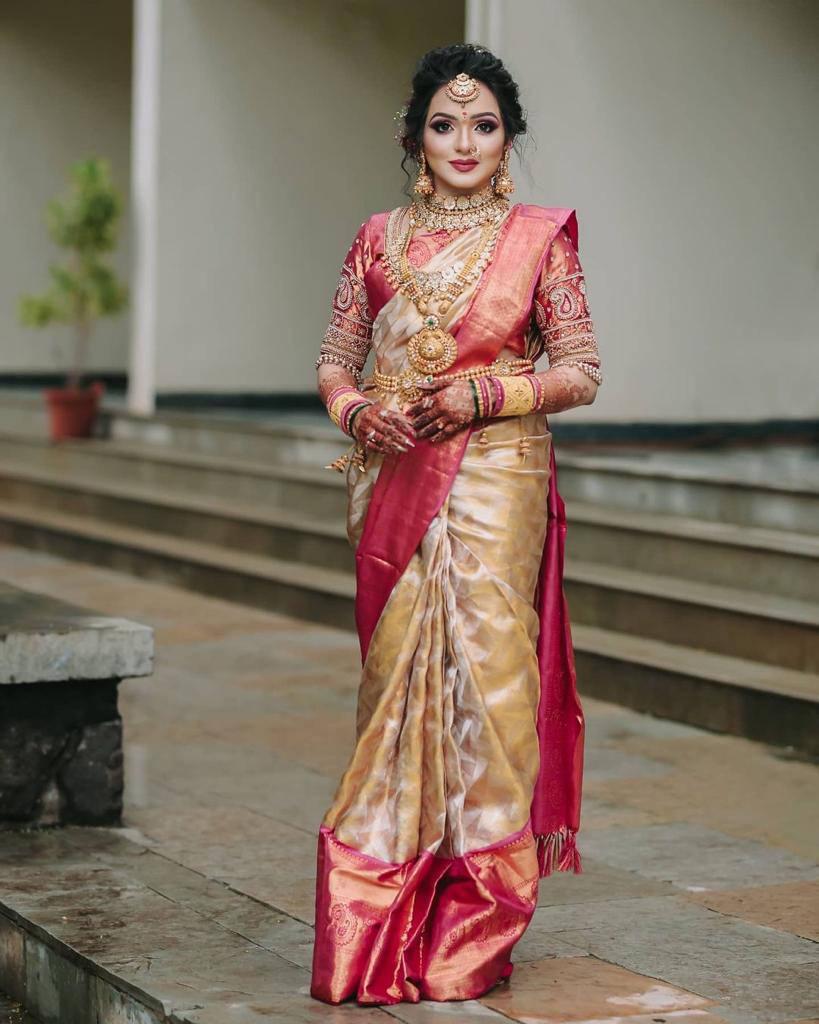 Luxurious Red White Banarasi Saree for Bengali Bride Only 899/-
