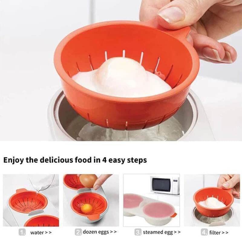 Leeonz Microwave Double Cup Egg Poacher Maker Poached Eggs Cooker Steamer Kitchen Gadget Dishwasher Safe BPA Free Draining Egg Boiler Set Double Layer Microwave Egg Poacher Breakfast Egg Cooker (Red)