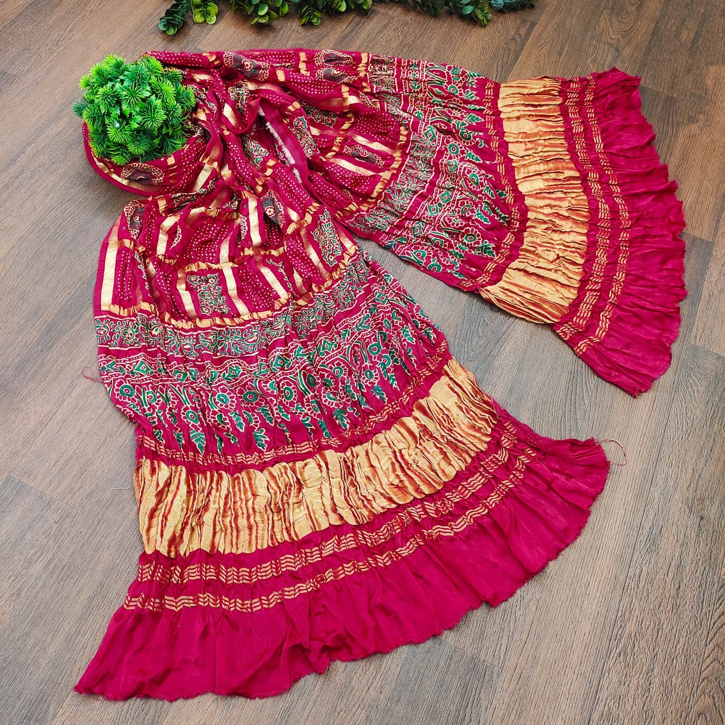 Modal Gajji silk Material with Original hand block Ajrakh Print Dupatta - Dharti Bandhani
