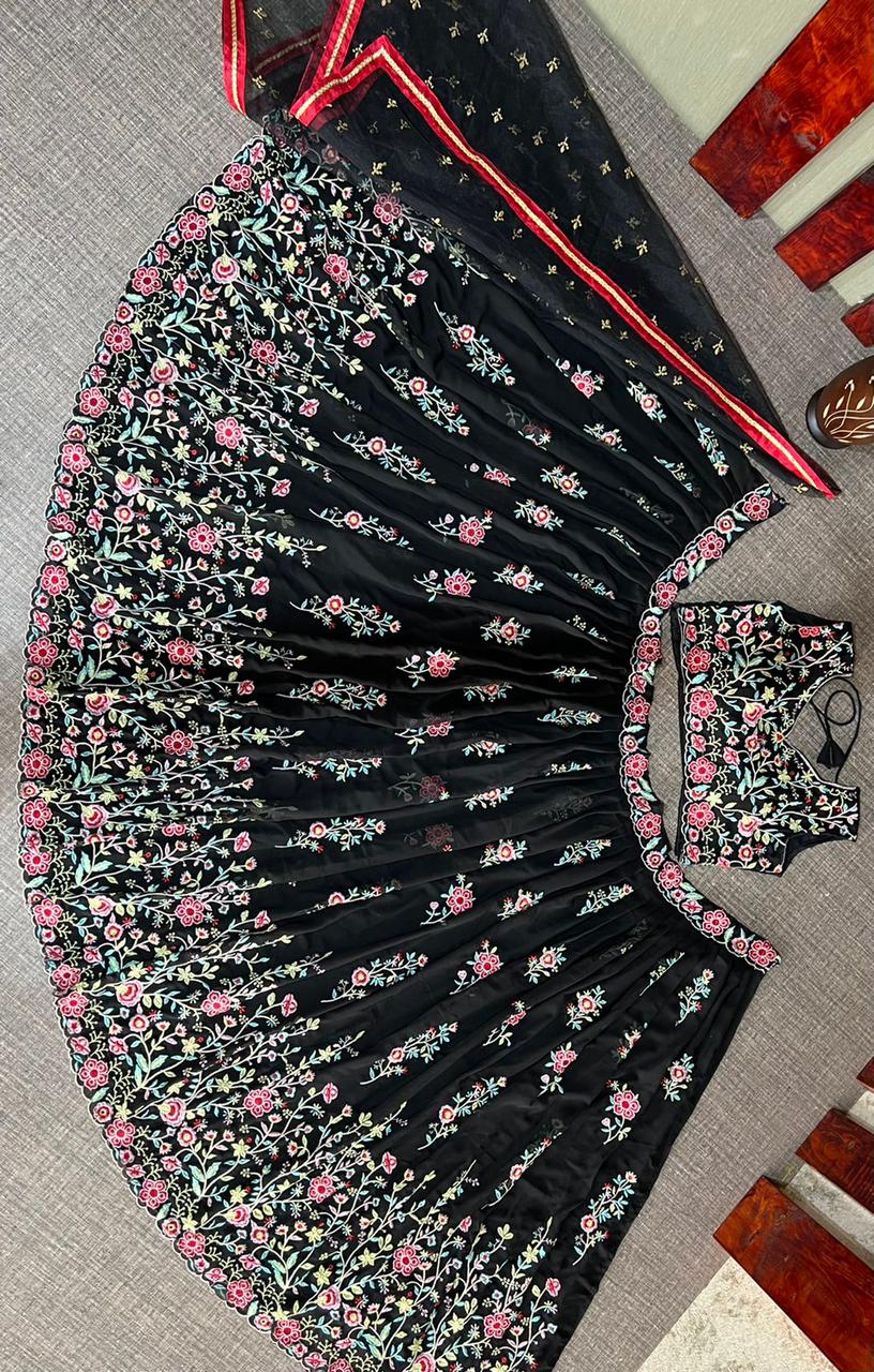 DESIGNER COLLECTION GEORGETTE HEAVY MULTI THREAD EMBROIDERY WORK LEHENGHA CHOLI SET - Dharti Bandhani