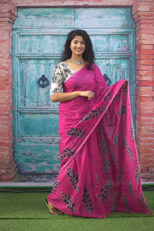 PURE COTTON JAIPUR BLOCK PRINT SAREES WITH BLOUSE PICE - Dharti Bandhani