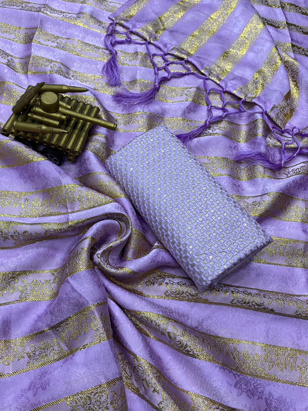 Designer Gold Jacquard Strips with Self Jacquard Pattern in Saree & Tussles in Pallu - Dharti Bandhani