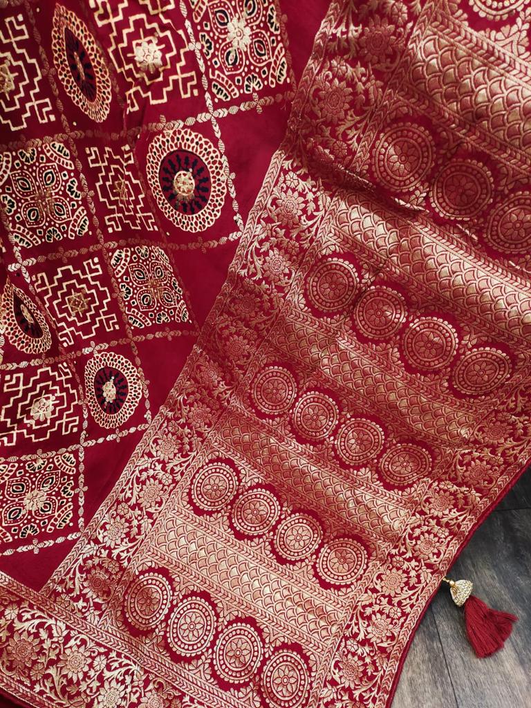 Ajrakh Print Dola Designer Saree - Dharti Bandhani