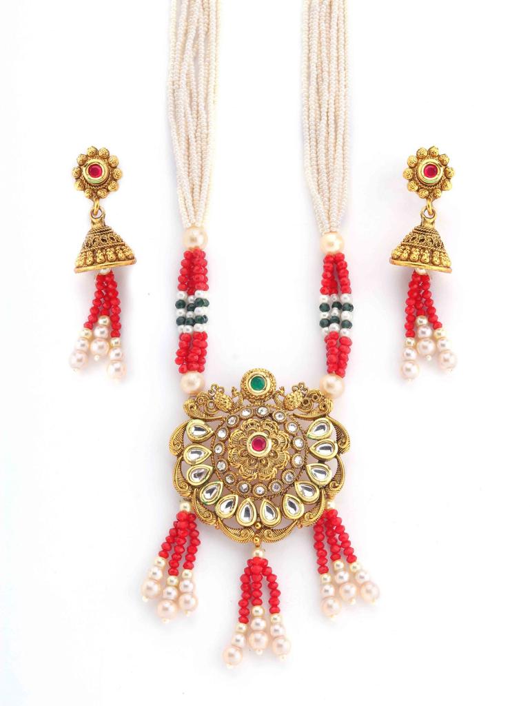 Traditional Fascinating Design Meenakari Gold plated Kundan Long Moti Mala Necklace Set With Earrings