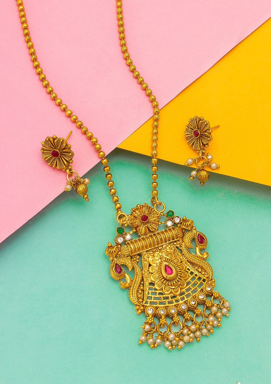 Traditional Ethnic Pendant Set with Stud Earrings and Bead Chain for Women and Girls