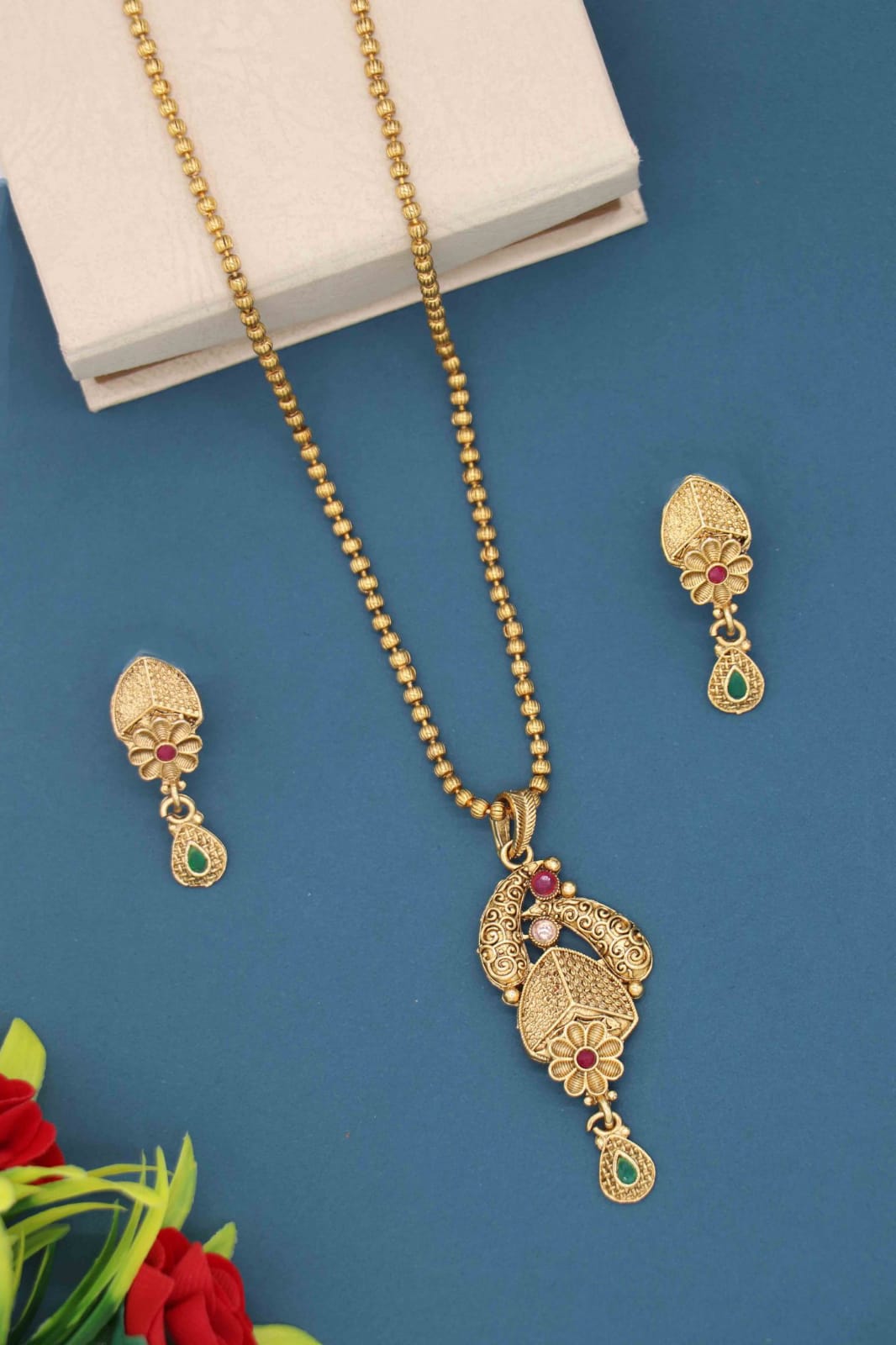Traditional Pendant Set with Stud Earrings and Bead Chain for Women and Girls