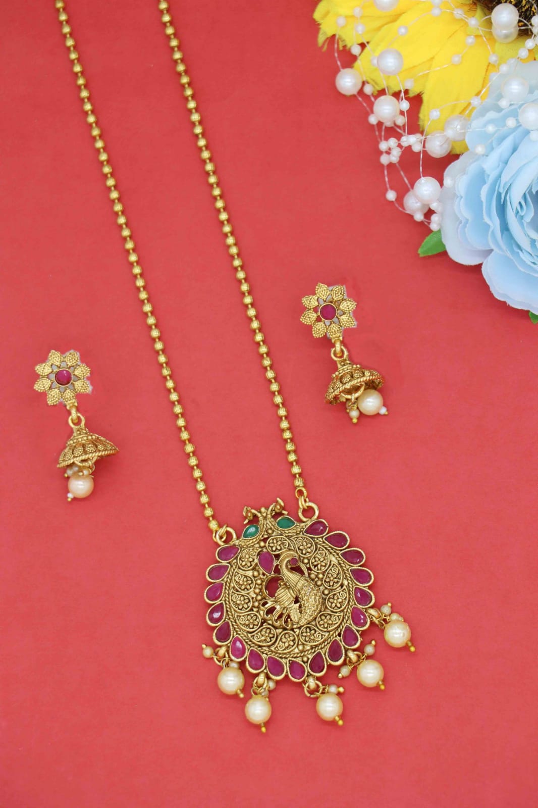 Fancy Traditional Pendant Set with Stud Earrings and Bead Chain for Women and Girls