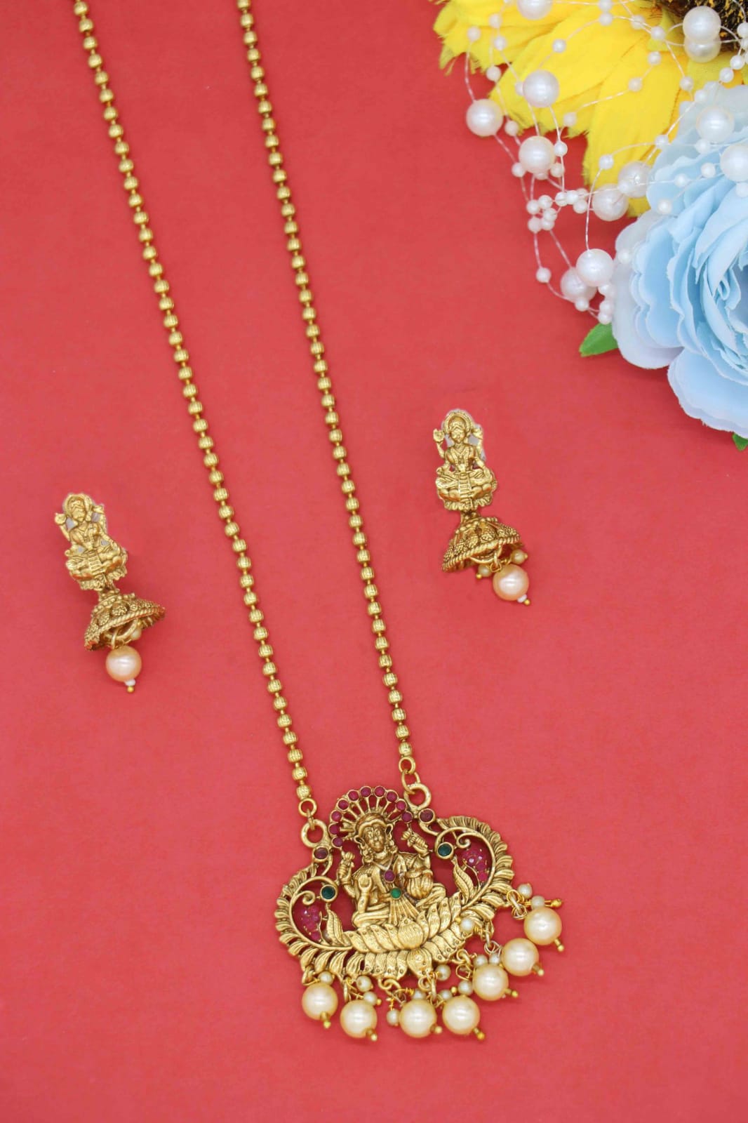 Fancy Traditional Pendant Set with Stud Earrings and Bead Chain for Women and Girls