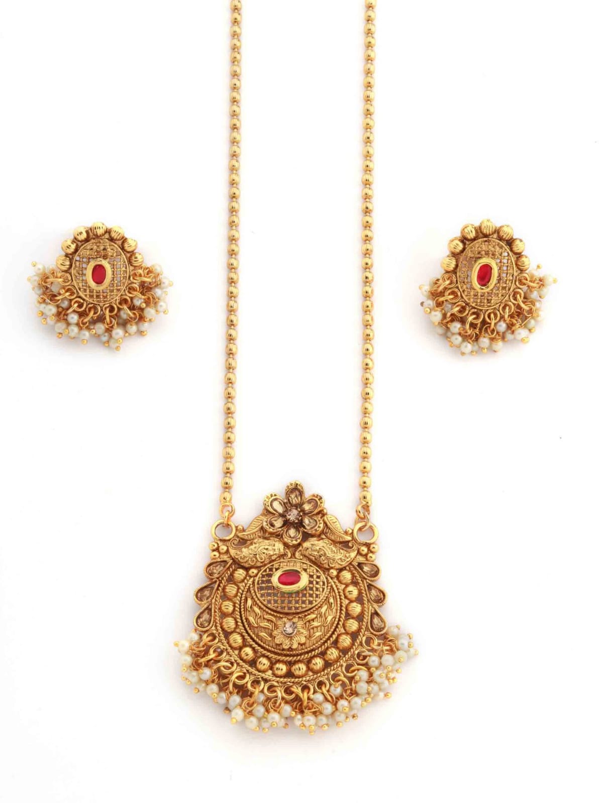 Fancy Traditional Pendant Set with Stud Earrings and Bead Chain for Women and Girls