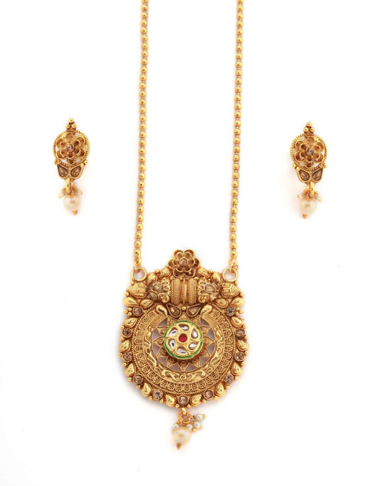 Traditional Pendant Set with Stud Earrings and Bead Chain for Women and Girls