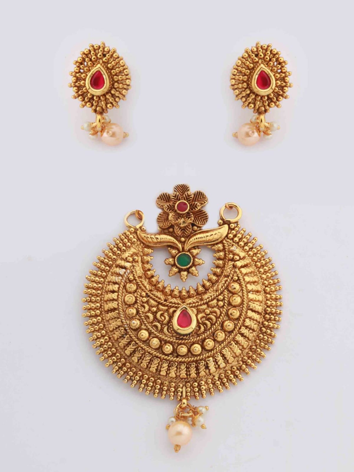 Traditional Pendant Set with Stud Earrings and Bead Chain for Women and Girls