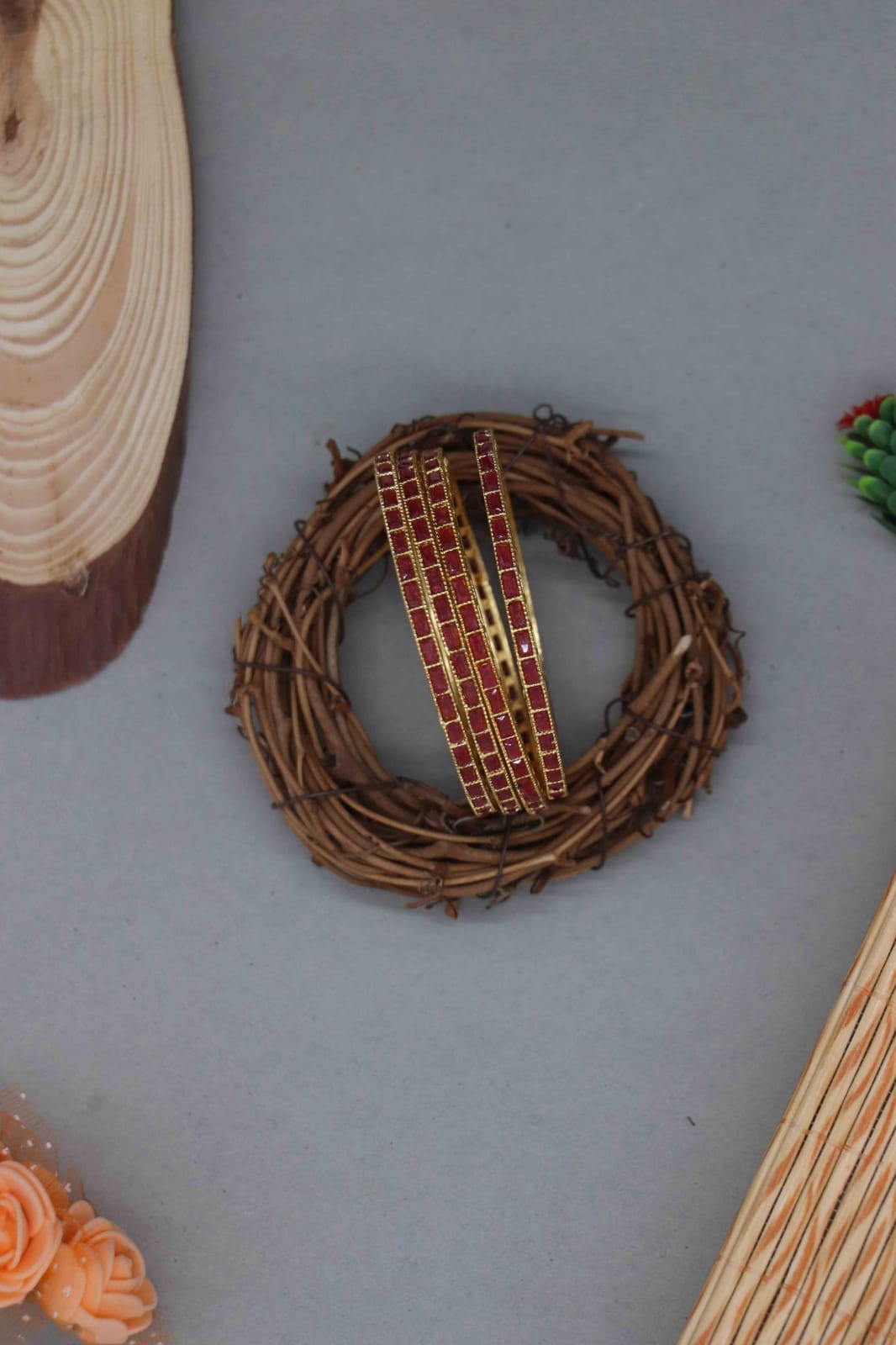 The Pink Lotus | 18K Gold Plated Traditional Ruby Bangles for Women/Girls studded with AAA+ Quality Cz