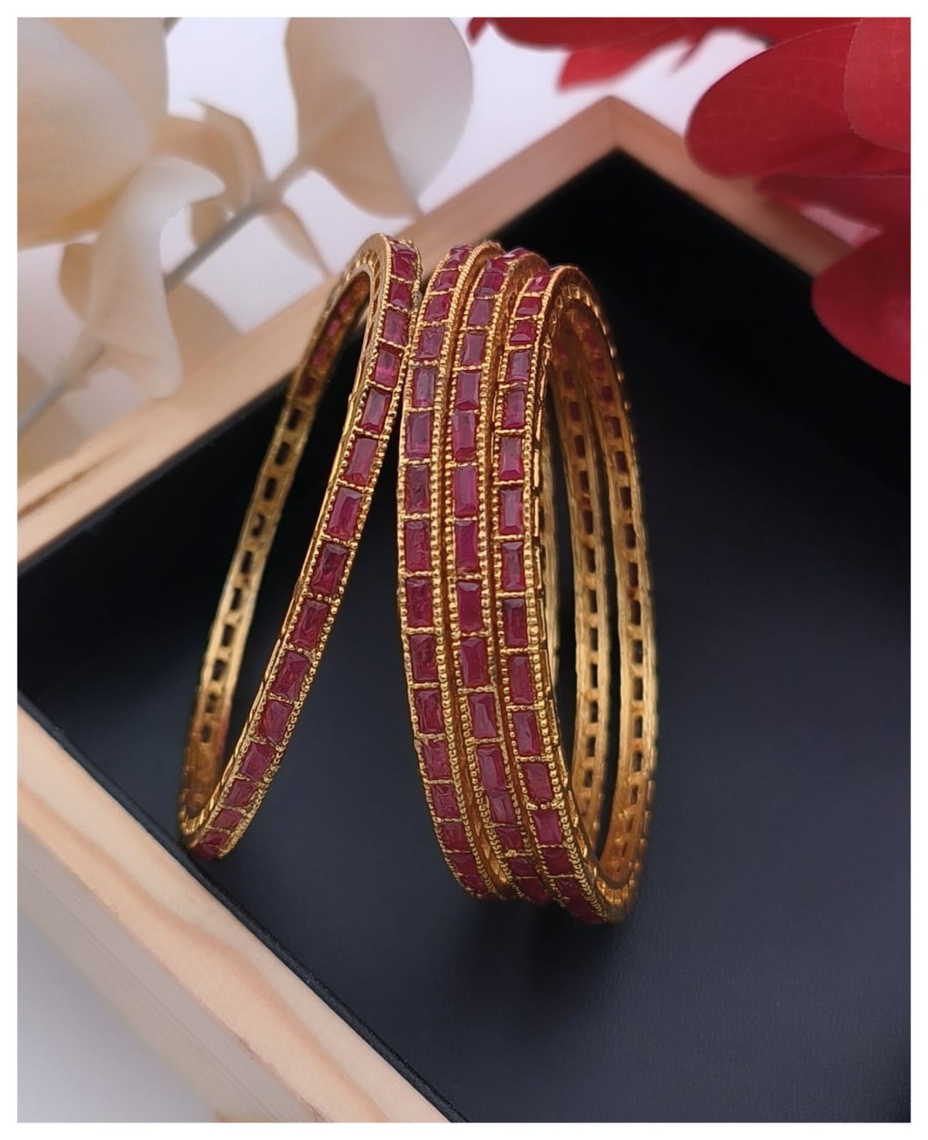 The Pink Lotus 18K Gold Plated Traditional Ruby Bangles for Women Gi