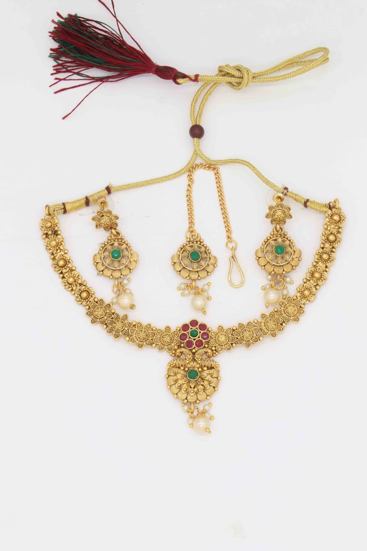 Classic Pearl Gold Plated and Ruby Necklace for Women & Girls