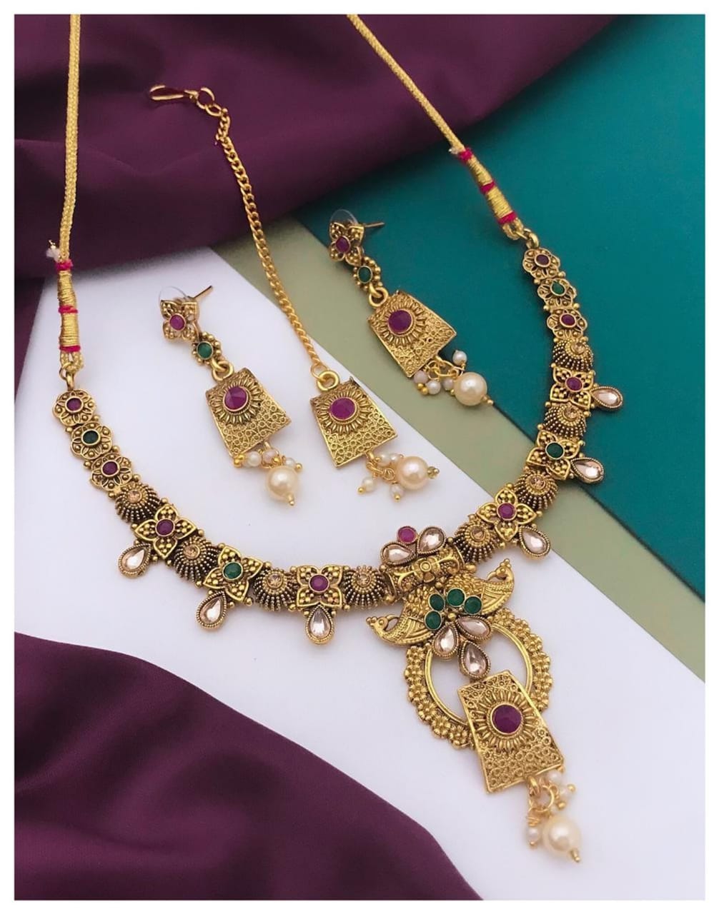 Classic Pearl Gold Plated and Ruby Necklace for Women & Girls