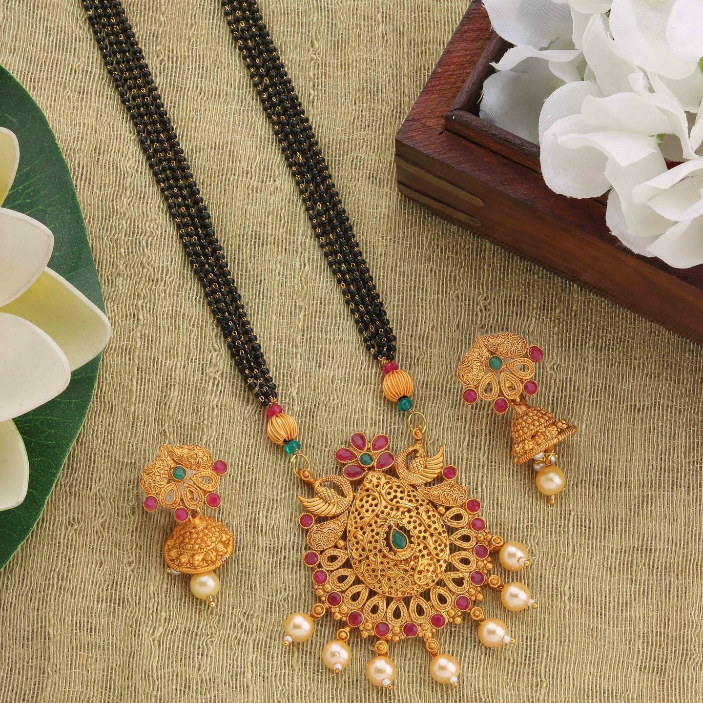 Peora Traditional Gold Plated Leaf Pendant Jhumki Drop Maharashtrian Mangalsutra Jewellery Gift Sets for Women and Girls