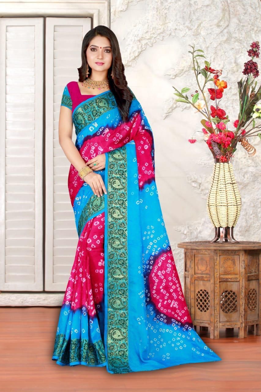 Ajarakh Pallu Heavy Zari Waving Border Bandhani Saree