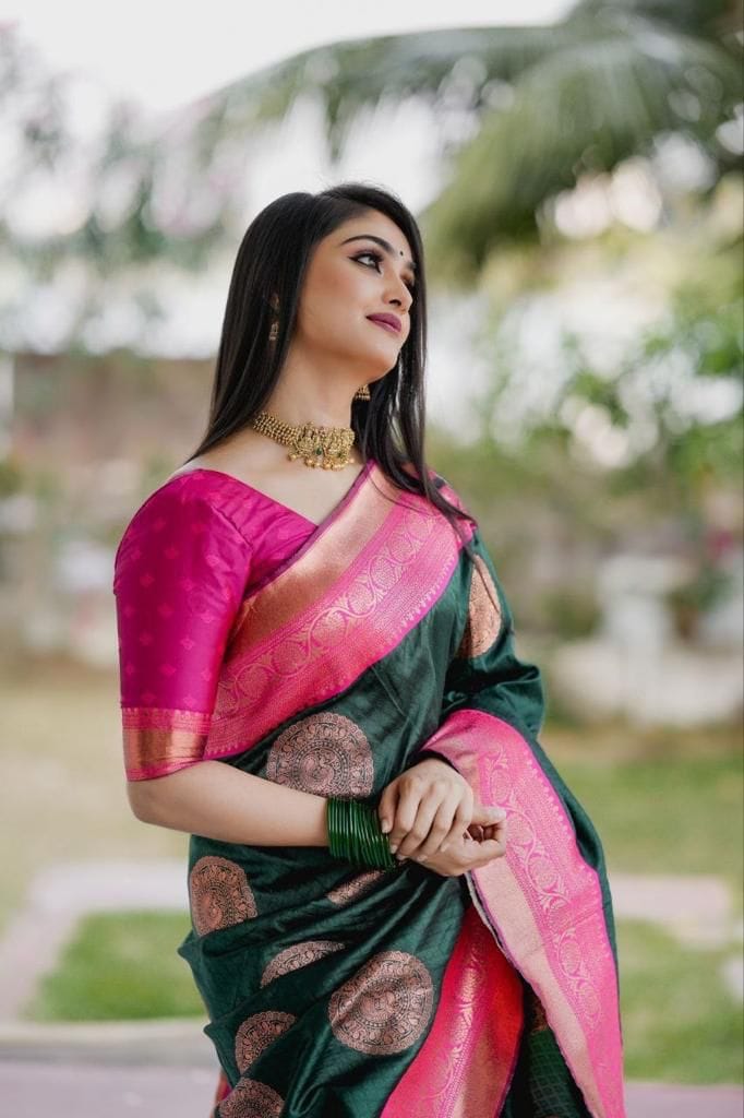 Beatiful Green Soft Lichi Silk Cloth Saree