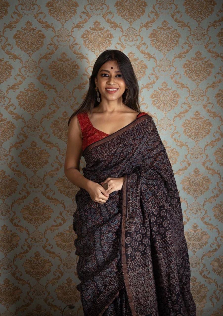 Ajrakh Handblock Print Saree