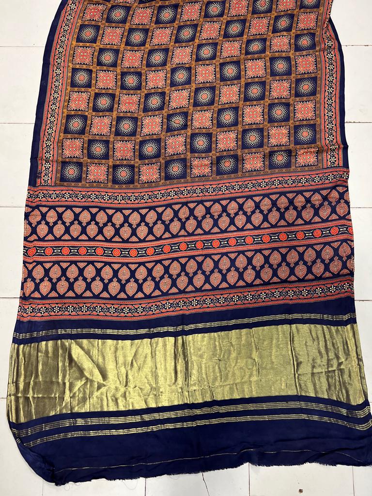 New Modal Gajji Silk Ajrakh Print With Bandhani Saree