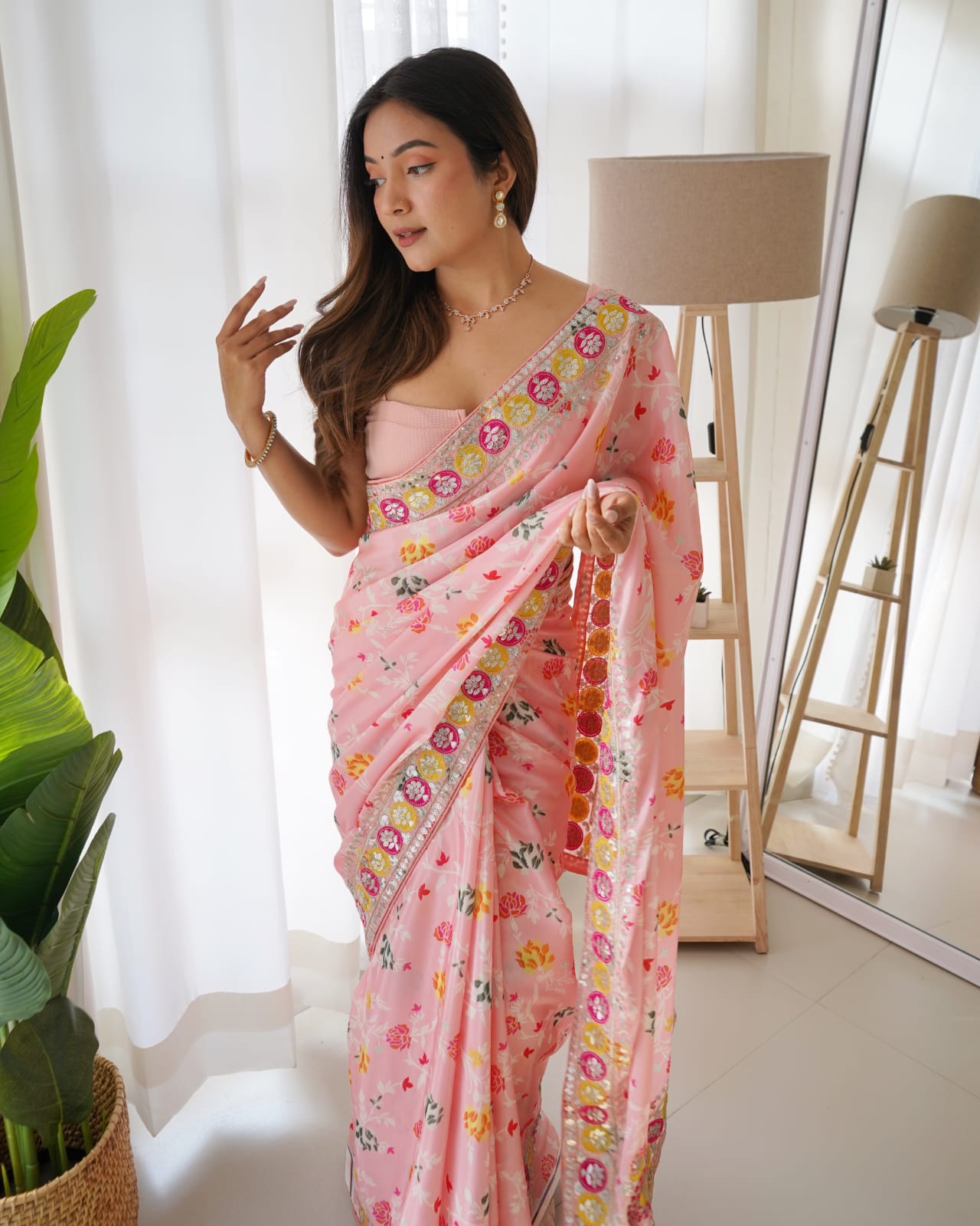 Soft Shiny Chinnon Silk Print & Designer Sequence Saree