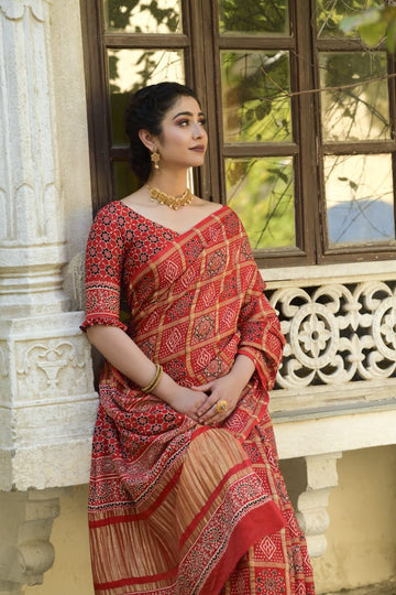 Modal Gazi Silk Hand Blocked Ajrakh Print Dress Material