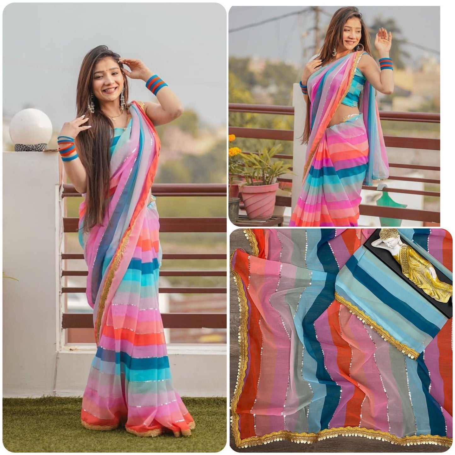 Georgette With Sequence  Design  Line On Saree