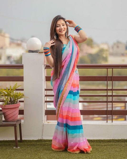 Georgette With Sequence  Design  Line On Saree