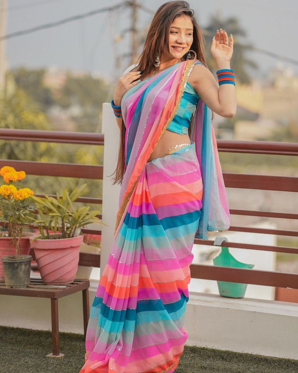 Georgette With Sequence  Design  Line On Saree