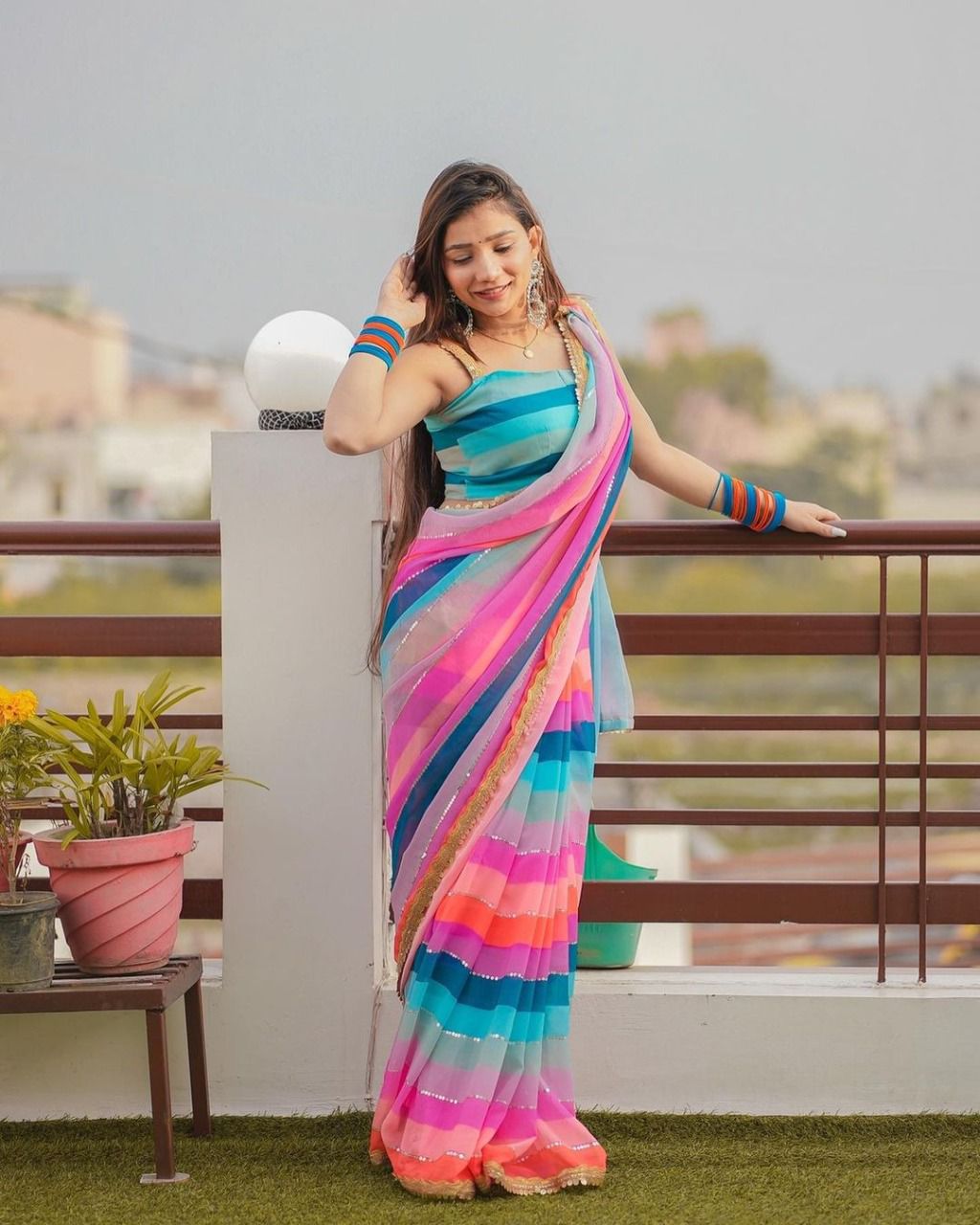 Georgette With Sequence  Design  Line On Saree