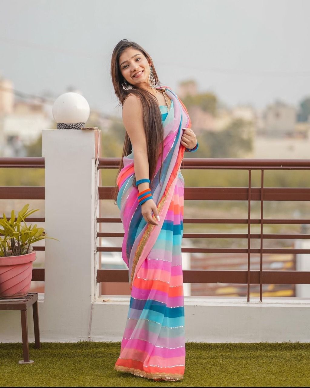 Georgette With Sequence  Design  Line On Saree